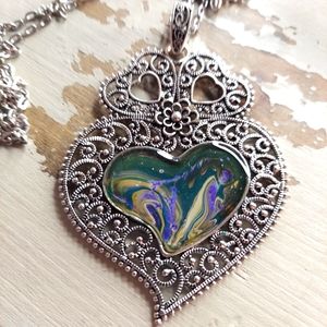 Handcrafted New Limited Edition Heart Pour Painted Antique Looking Necklace.